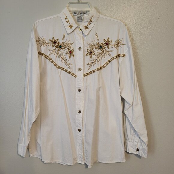 Holiday Ivory Blouse Artsy Poinsettia Embroidered Embellished Rhinestone pearl - Picture 1 of 7